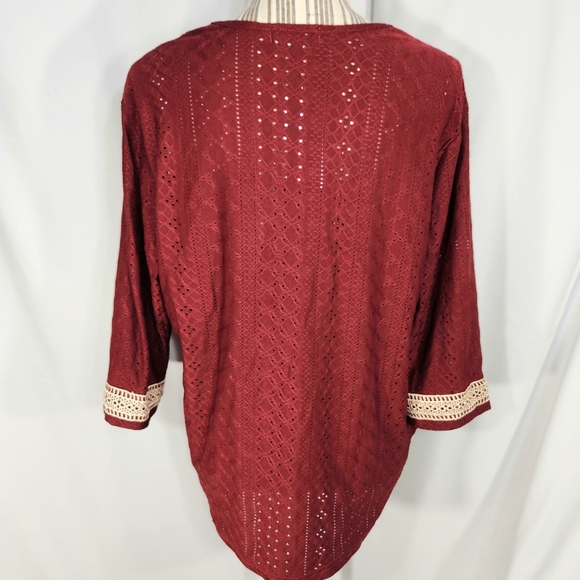 Liofoer NWT Red w/Cream Accent Front Neckline & Cuffs V Neck BOHO Top Size Large - Picture 6 of 12